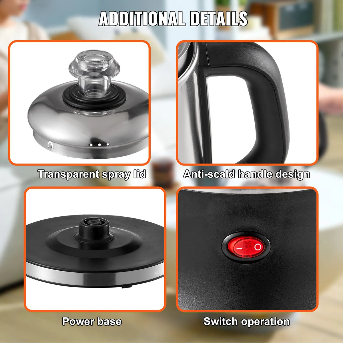 Detailed view of the electric percolator coffee pot components including lid, handle, base, and switch.