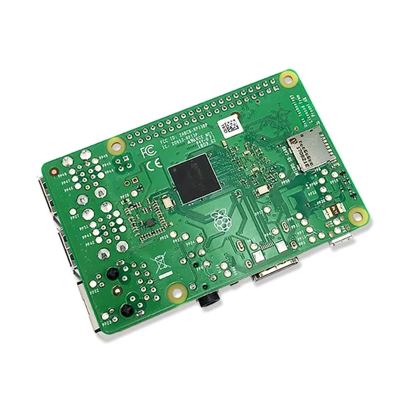 Bottom view of a single board computer showing circuit pathways and microSD slot