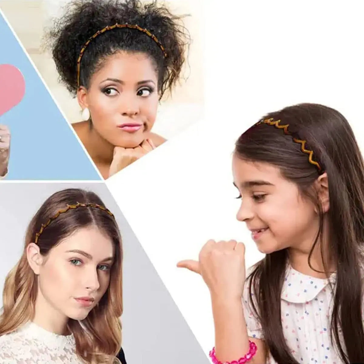 A collage showing different women wearing brown scalloped plastic headbands.