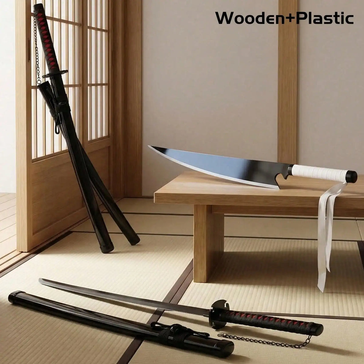 Collection of wooden and plastic anime cosplay prop swords in a traditional room setting