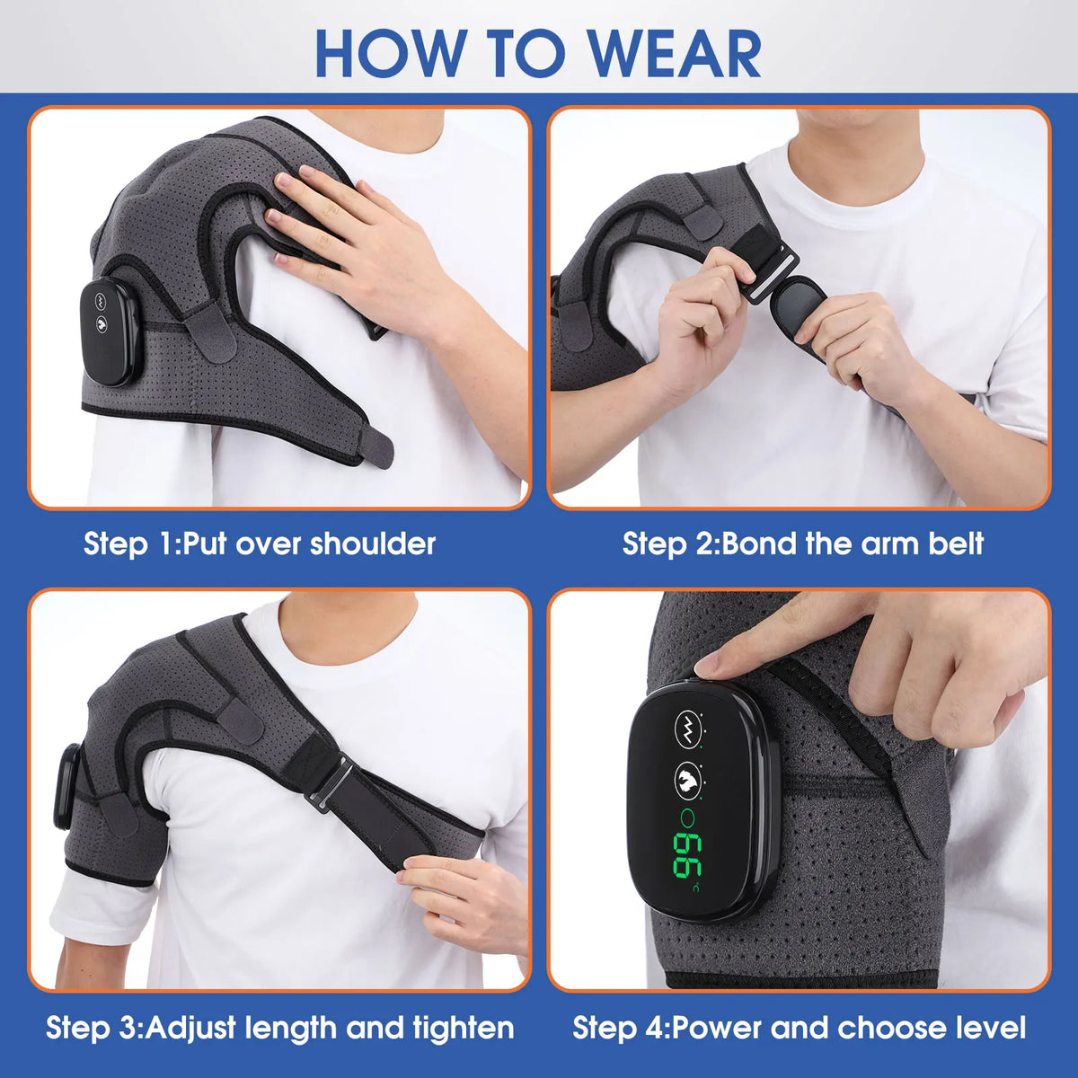 Step-by-step instructions for wearing the electric heating shoulder massager