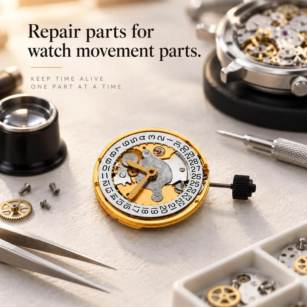A mechanical watch movement on a workstation table surrounded by tools with repair part descriptive text