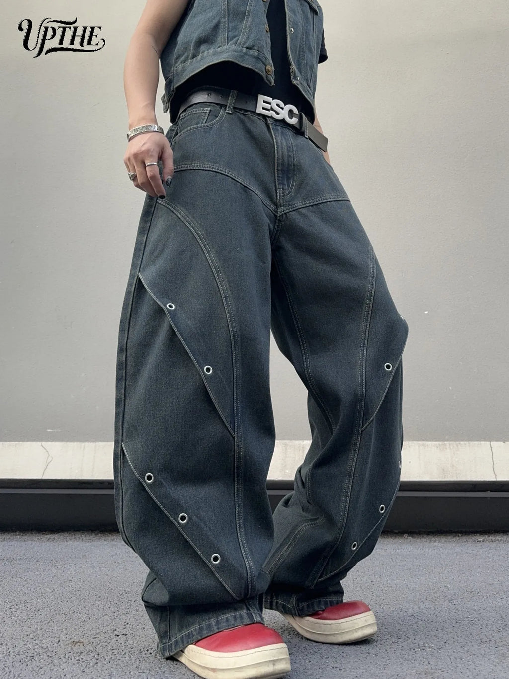 Dark grey baggy wide leg denim jeans with side eyelet detailing