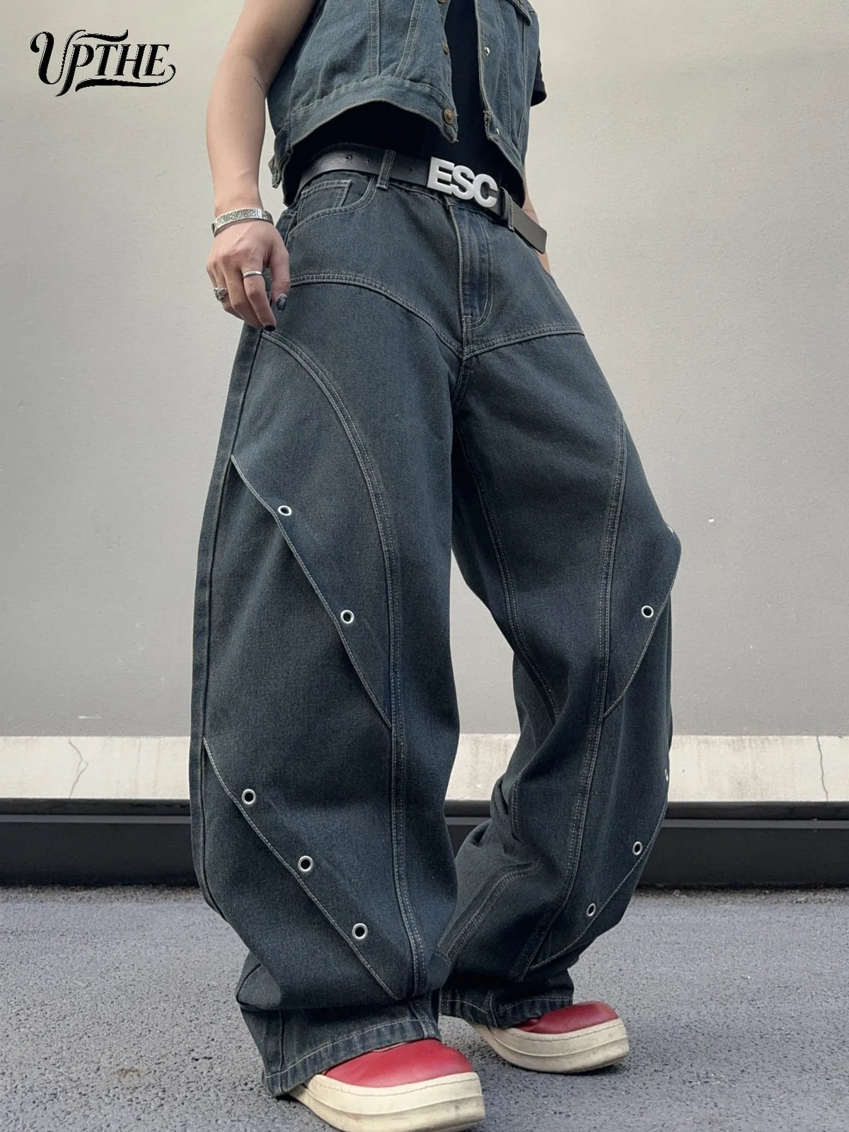 Dark grey baggy wide leg denim jeans with side eyelet detailing