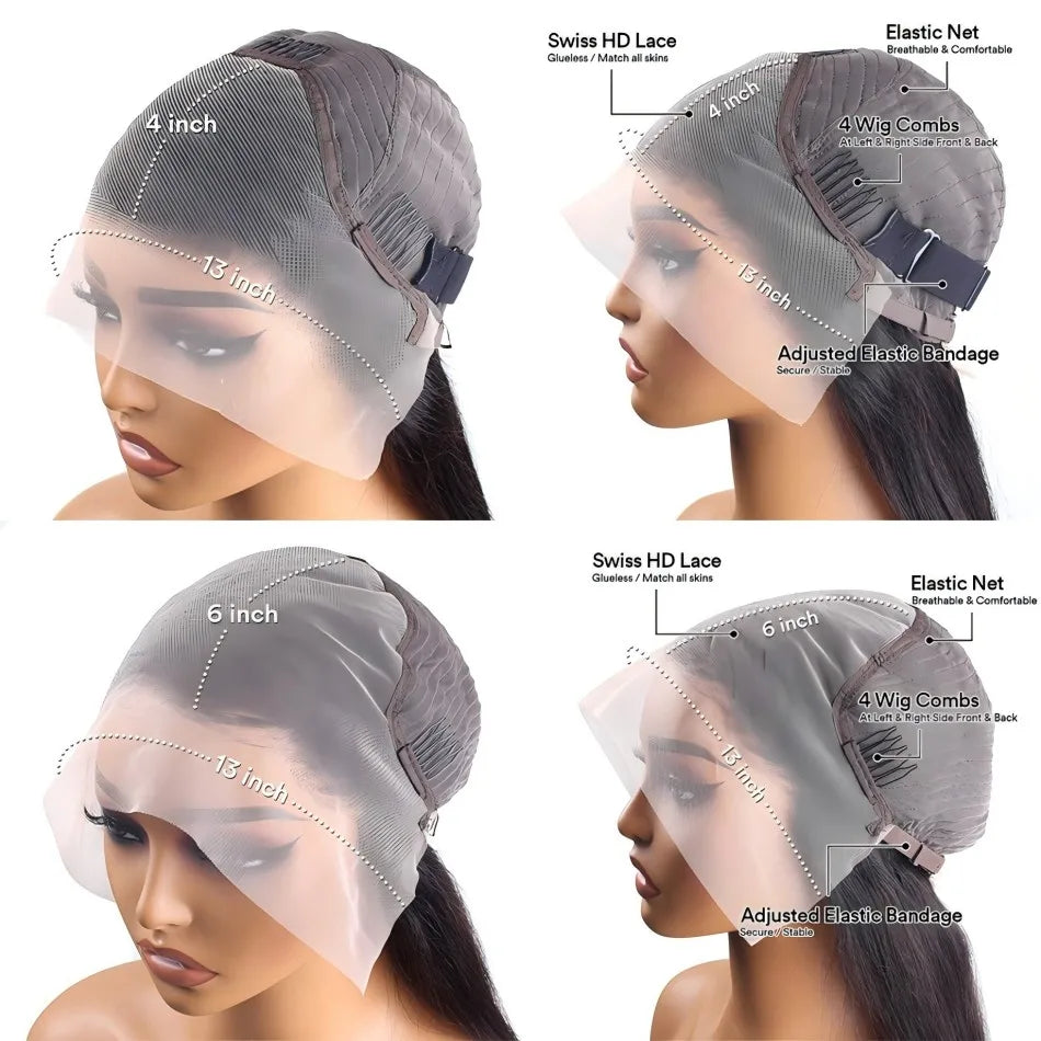 Structure of a lace front wig with Swiss HD lace, elastic net, combs, and an adjustable bandage