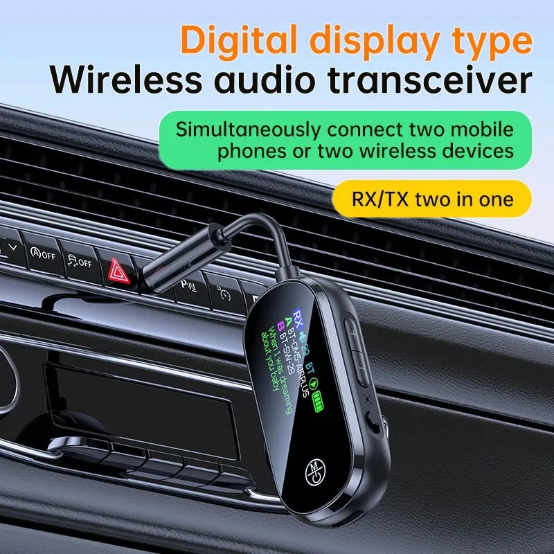 Bluetooth 5.4 wireless audio transmitter and receiver adapter plugged into a car audio system