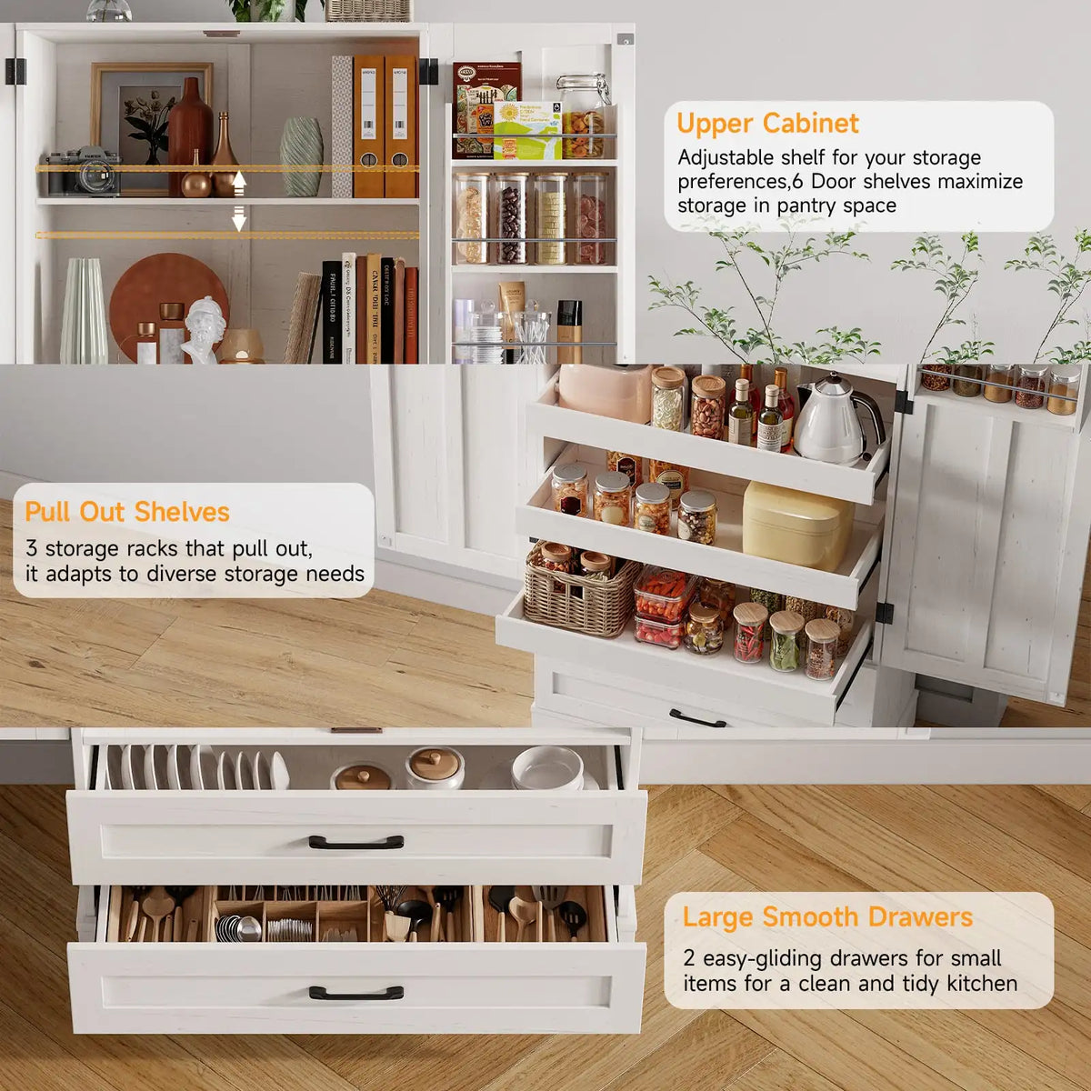 White kitchen pantry cabinet details showcasing adjustable shelves, pull-out storage racks, and drawers with labels
