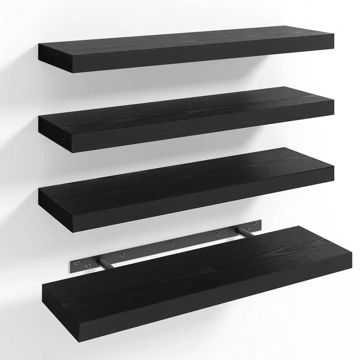 A set of four black MDF wood floating wall shelves with invisible metal mounting brackets – 4pcs black