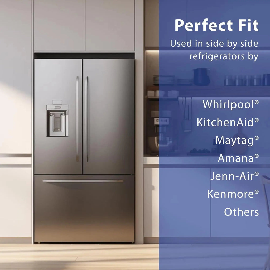 Graphic listing compatible refrigerator brands for the water filter including Whirlpool, KitchenAid, and others.