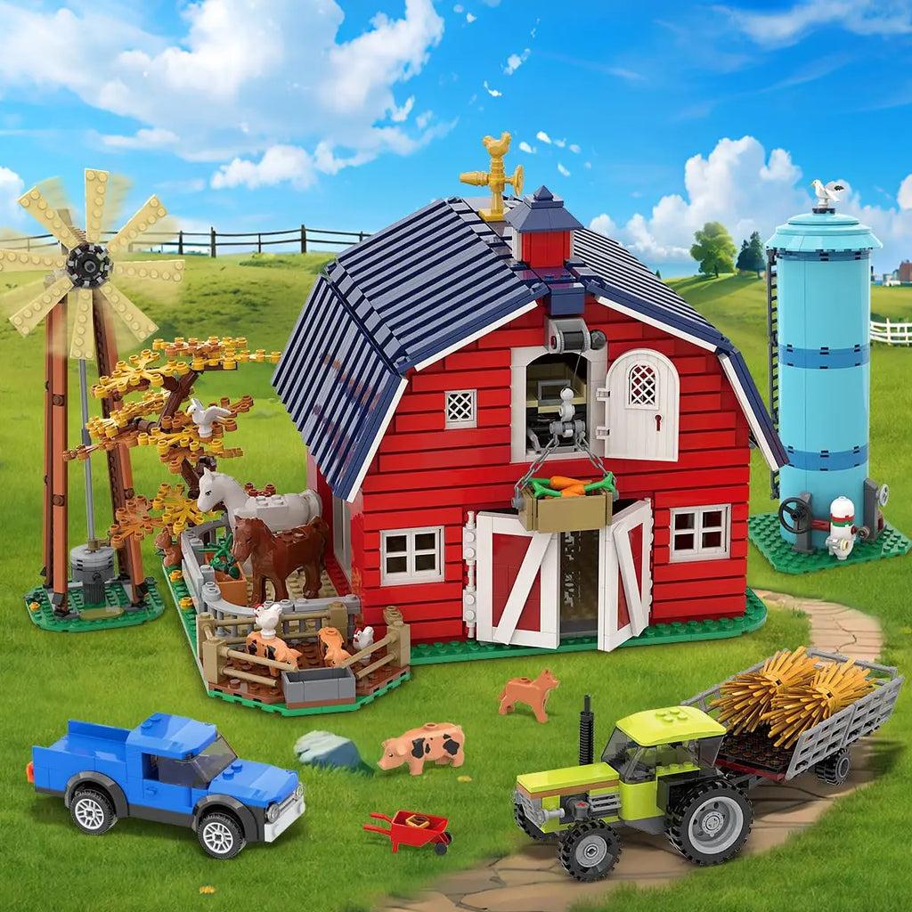 Building block set of a red farm barn with a windmill, silo, blue truck, and green tractor
