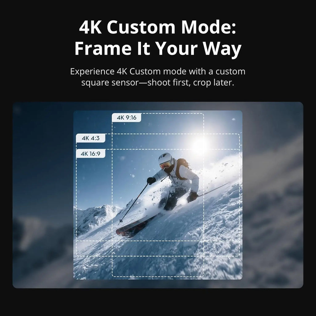 Action camera showing custom 4K framing crop modes during skiing