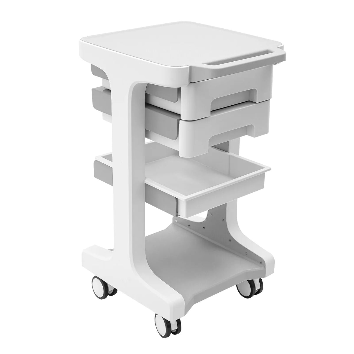 White mobile storage cart with three shelves and two drawers on wheels