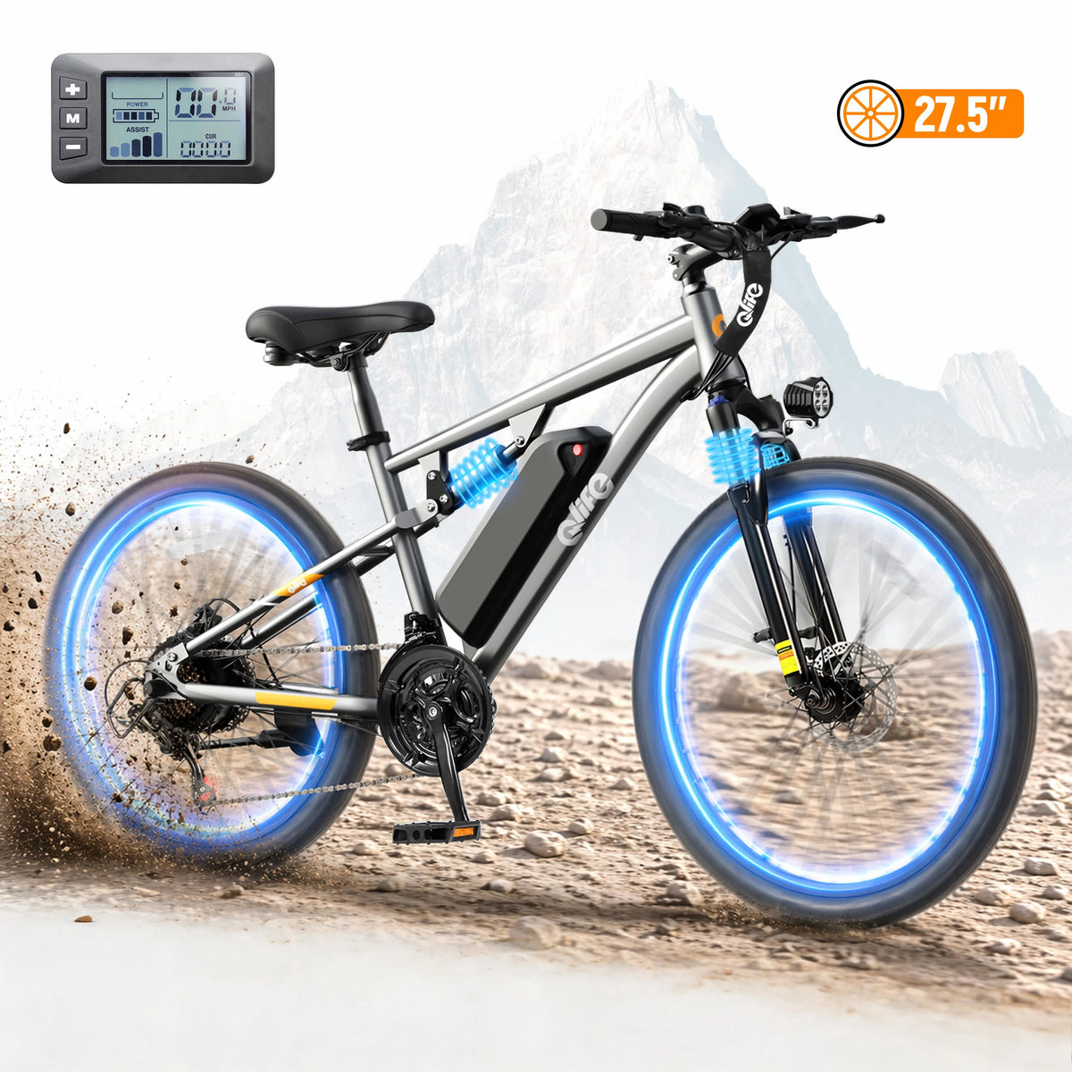 Qlife Racer Ultra Electric Mountain Bike, 1200W 48V 10.4Ah, 27.5" Tires – Gray