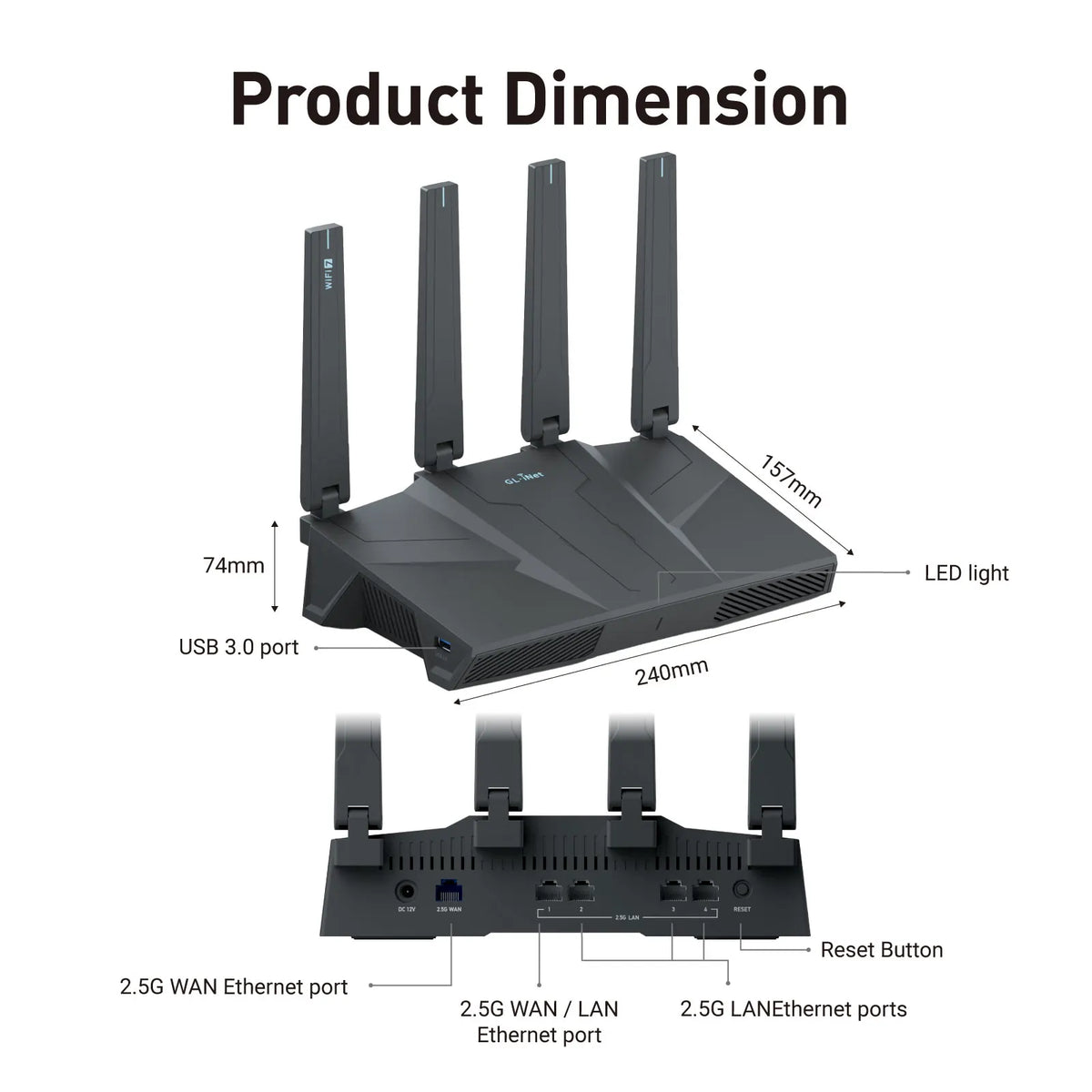 A diagram of a black Wi-Fi 7 home router showing its dimensions and ports.