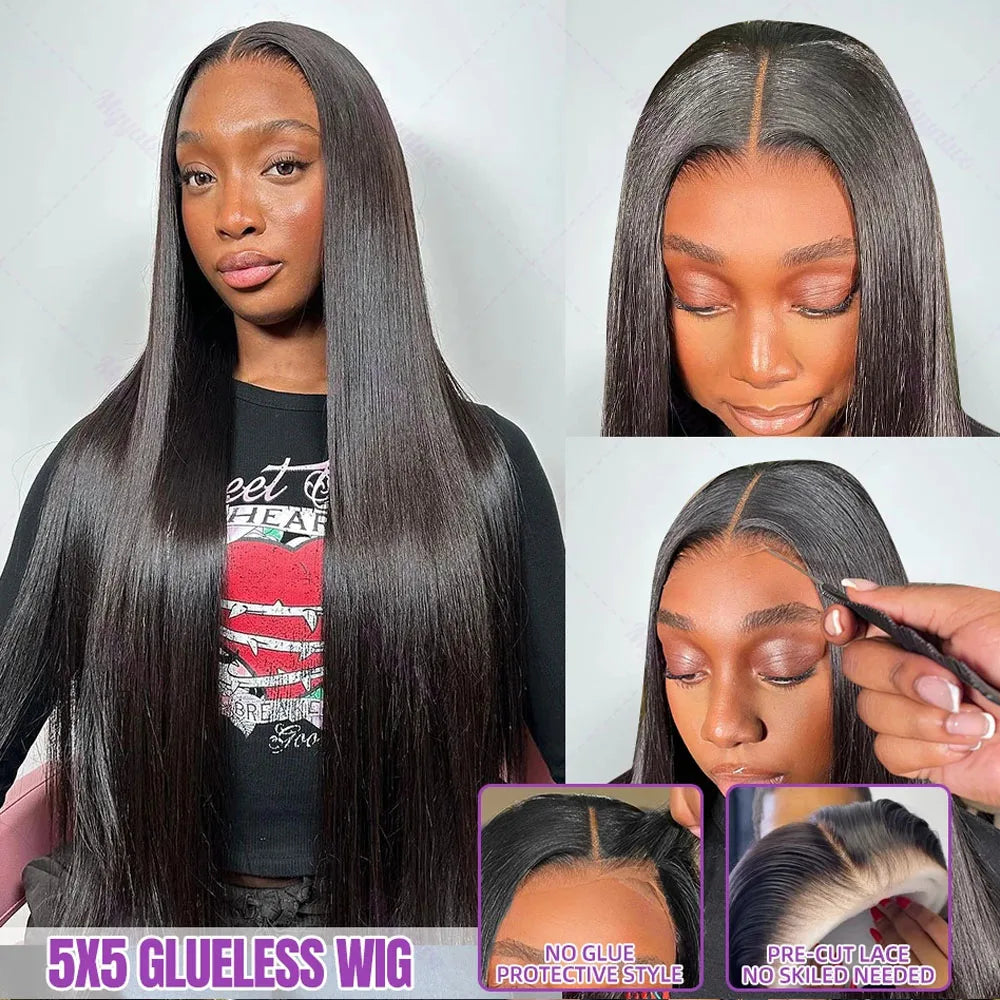A woman wearing a straight black glueless lace front wig with text highlighting product features.