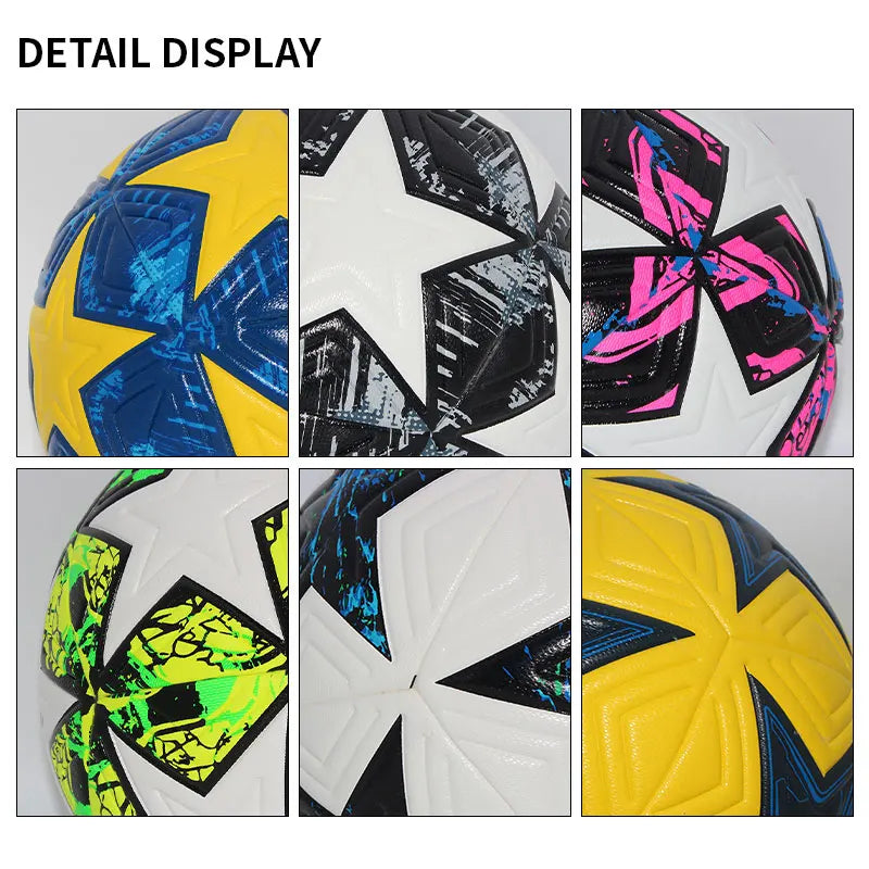 A collage showing various close-up detail shots of different colored soccer ball panels