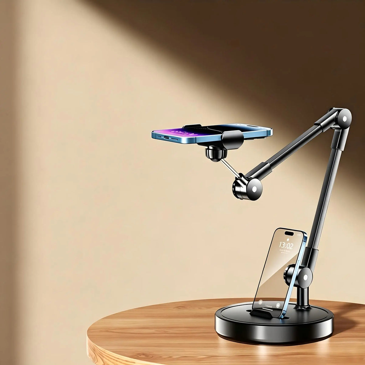 Adjustable black metal desk phone stand with two smartphones mounted