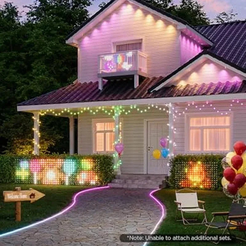 Smart LED net lights installed on a residential house exterior for decoration