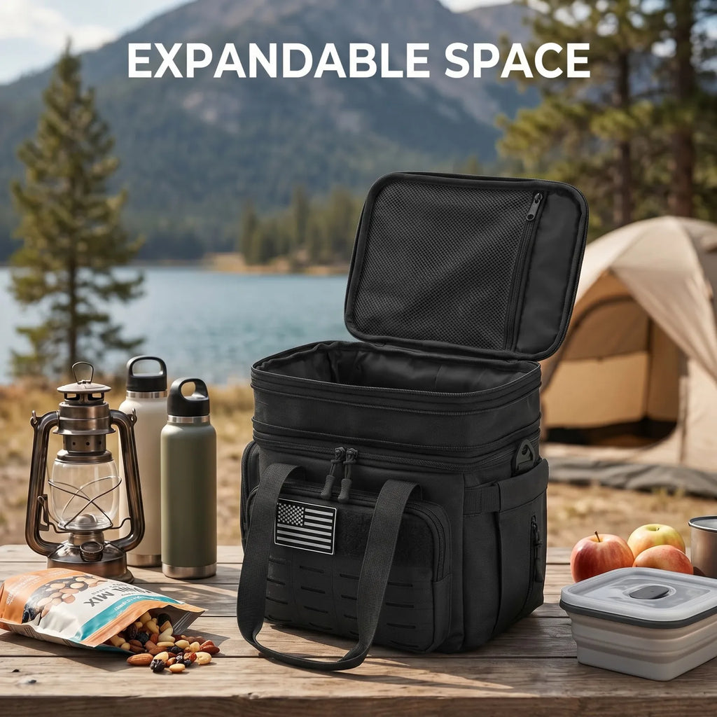 Expandable black tactical cooler bag showing open top compartment
