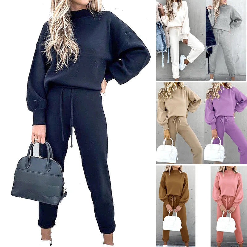 Women's two-piece knitted lounge set with long sleeve pullover and drawstring joggers in various colors.