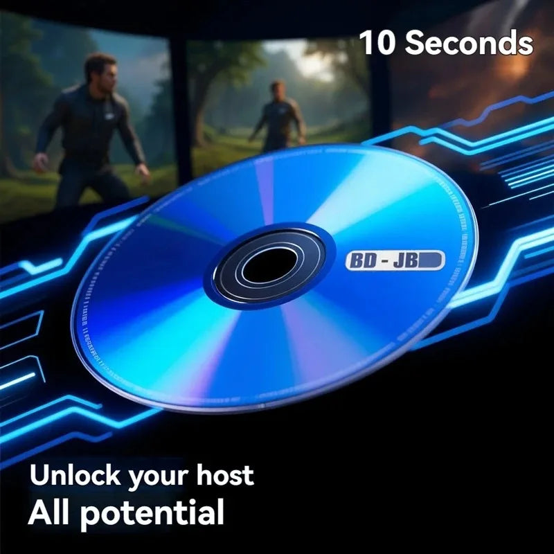 Blue ray disc for video game console jailbreak on a digital technology background with gaming imagery