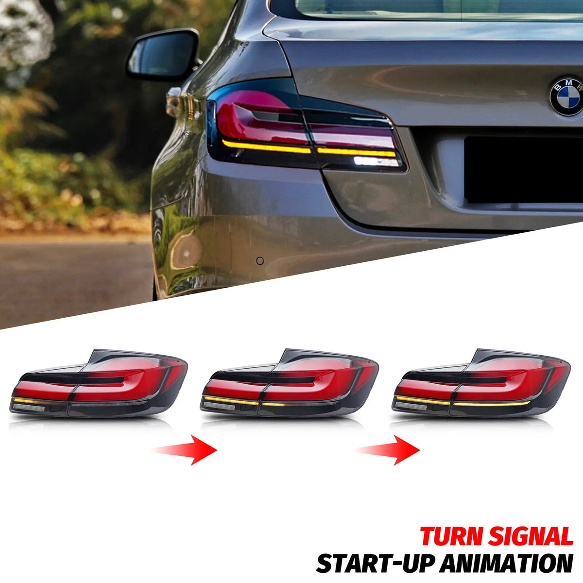 LED tail lights for a car with a turn signal animation demo and a view of the lights installed on the back of a car.
