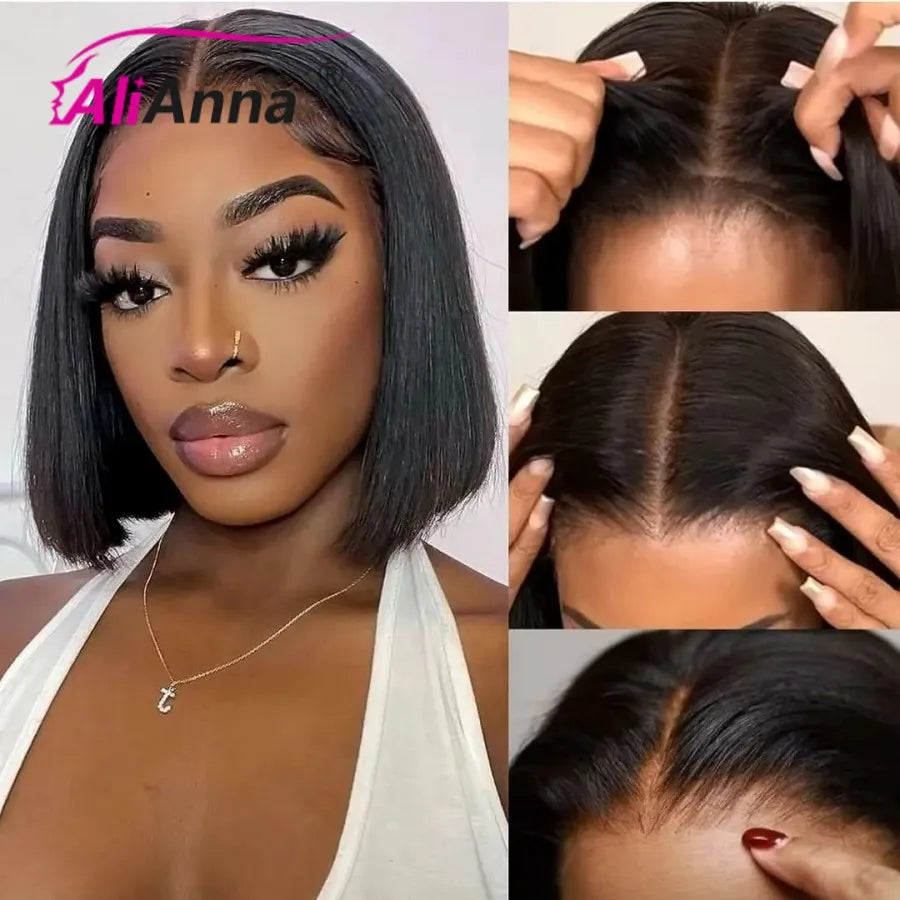 Woman wearing a short straight black bob wig showing the lace part