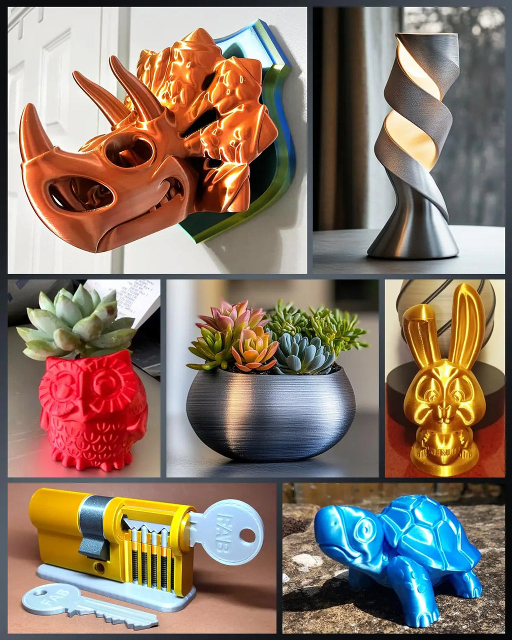 A collection of various 3D printed objects including a dinosaur head, owl planter, lamp, succulent pot, rabbit, and turtle.