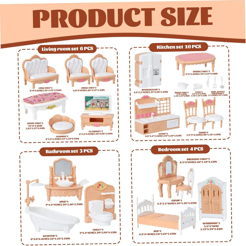 Miniature dollhouse furniture sets with descriptive text indicating room types and dimensions.