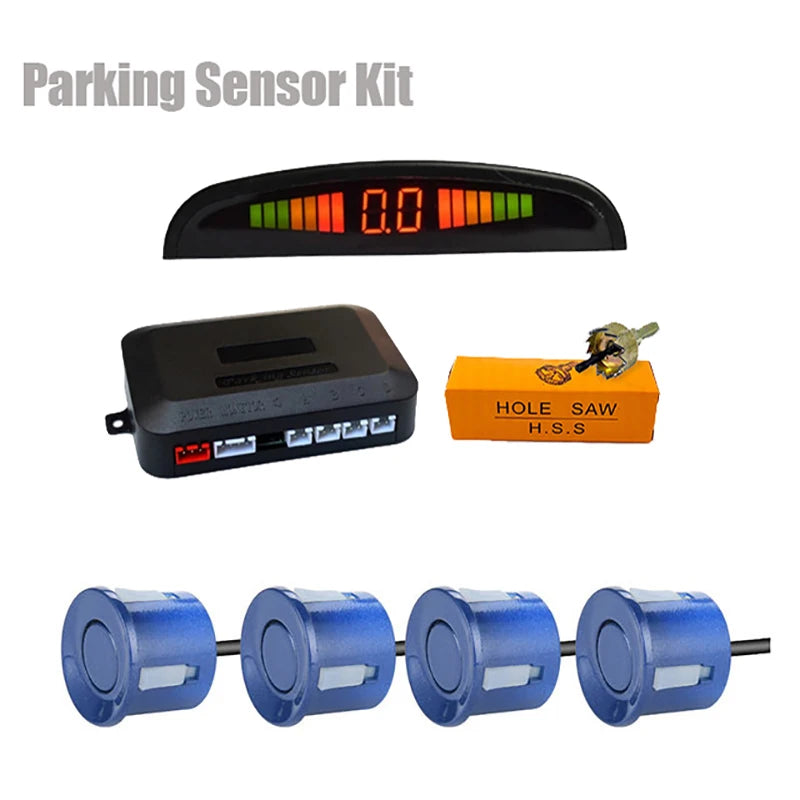 Car LED Parking Sensor Kit with 4 Ultrasonic Sensors and Digital Display – Blue