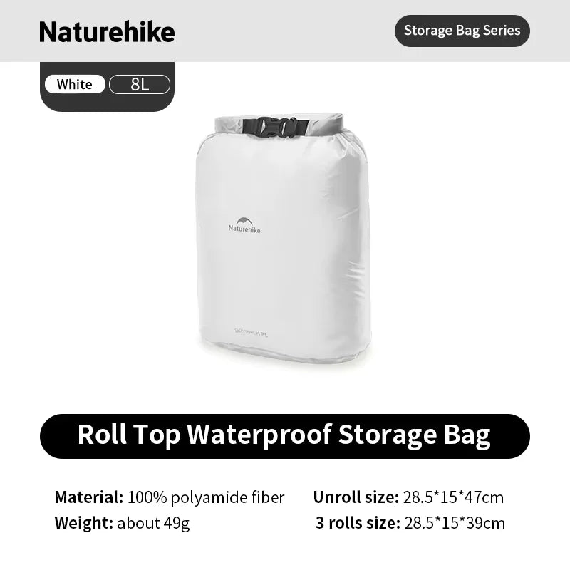Naturehike Rolled Waterproof Storage Bag - Lightweight Compression Organizer – White 8L
