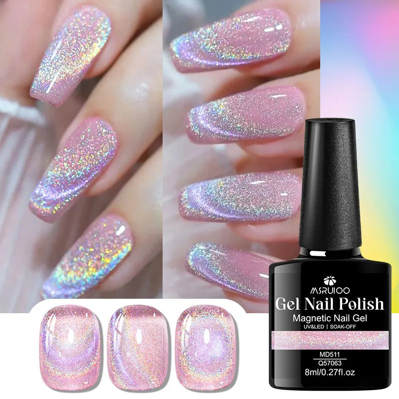 Pink holographic magnetic cat eye gel nail polish swatches on fingernails and sample nail tips