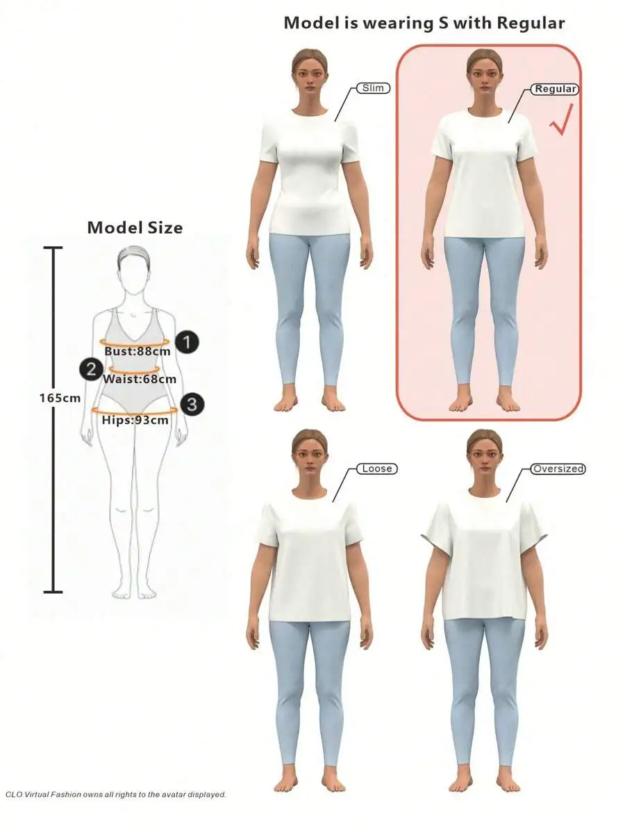 Size guide illustration showing a woman model demonstrating different fit styles for a t-shirt