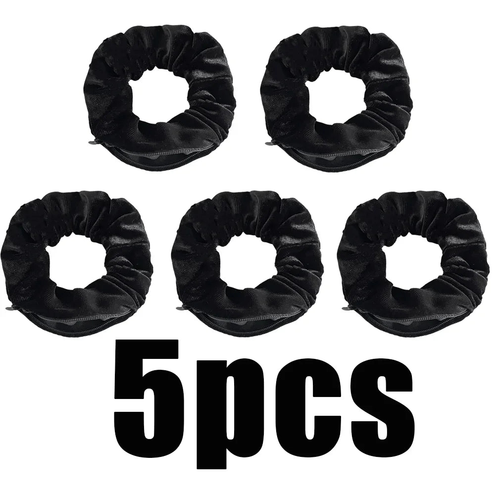 Sporty Velvet Hair Tie with Zipper Pocket for Small Storage – 5pcs