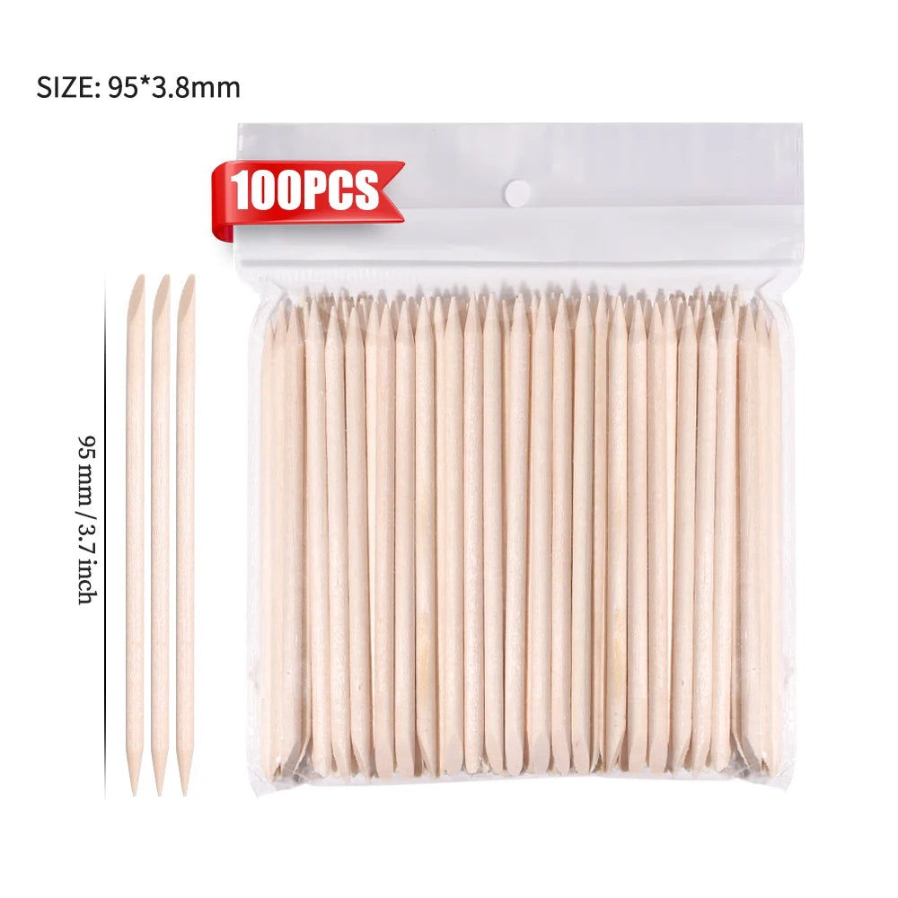100-Piece Natural Orange Wood Nail Sticks, Double-Sided Cuticle Pushers – 95 mm