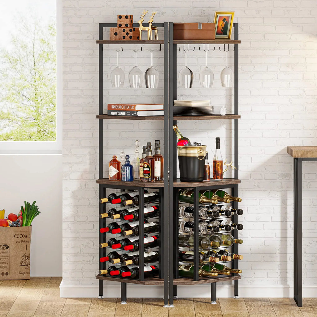 A tall corner wine storage unit with open shelving and glass hanging racks.