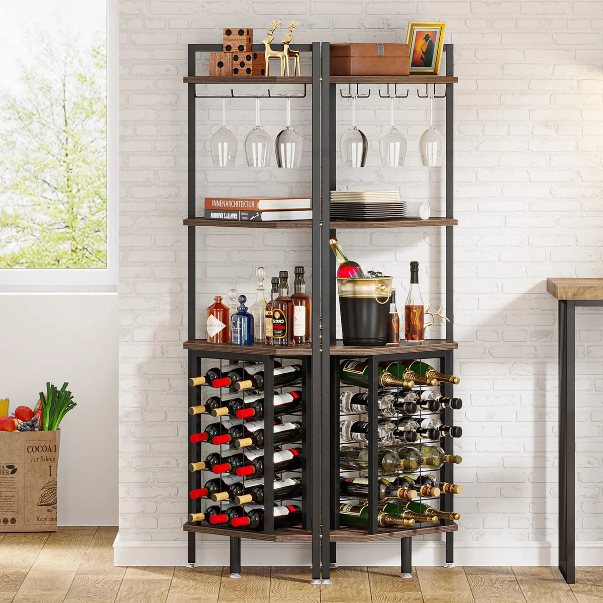 A tall corner wine storage unit with open shelving and glass hanging racks.