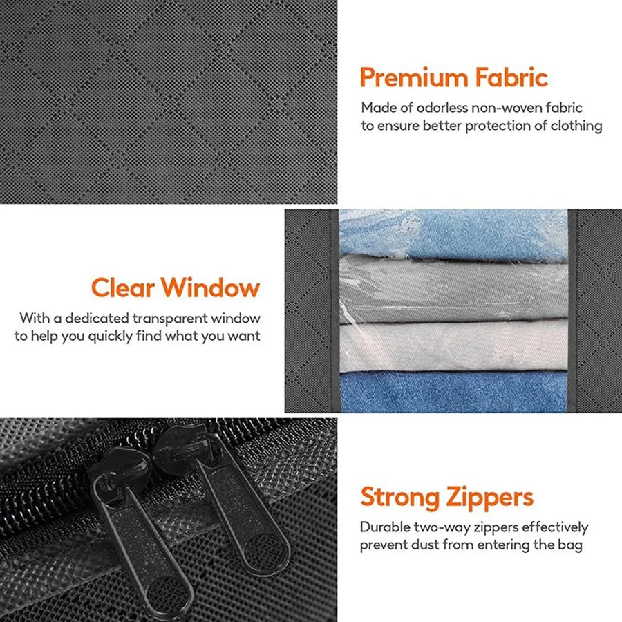 Close-up features of a grey clothing storage bag including fabric, viewing window, and two-way zippers.