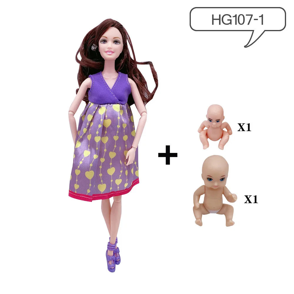 A pregnant fashion doll wearing a purple heart-patterned dress with a small baby figure