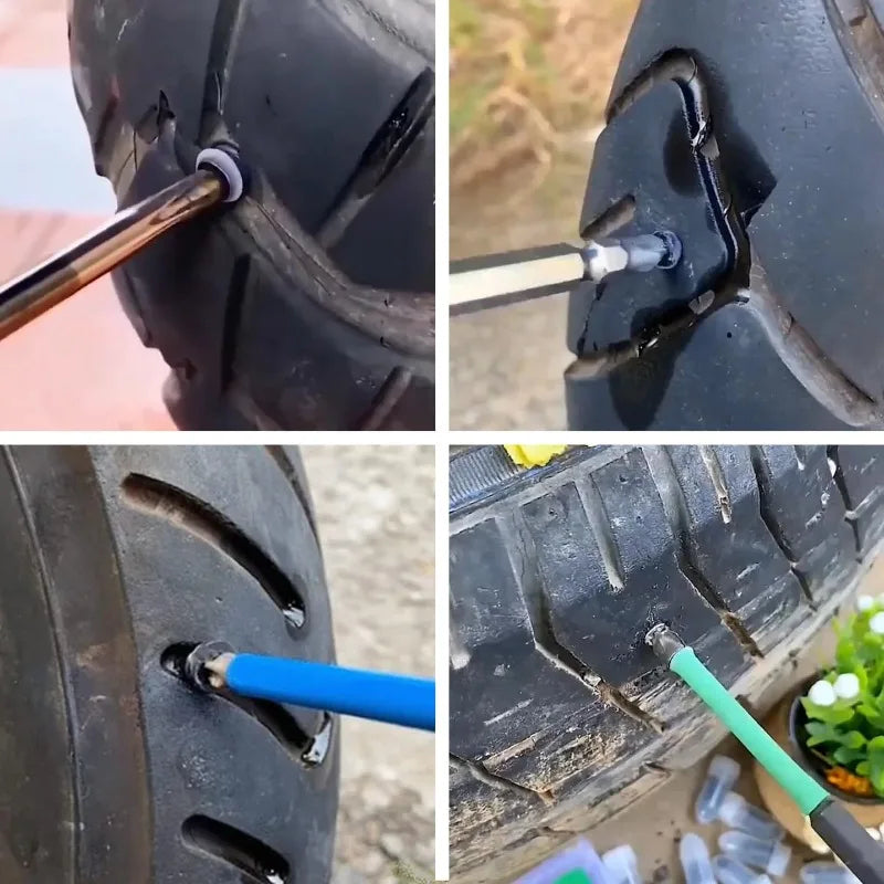 Four different angles showing the installation of tire repair rubber screws