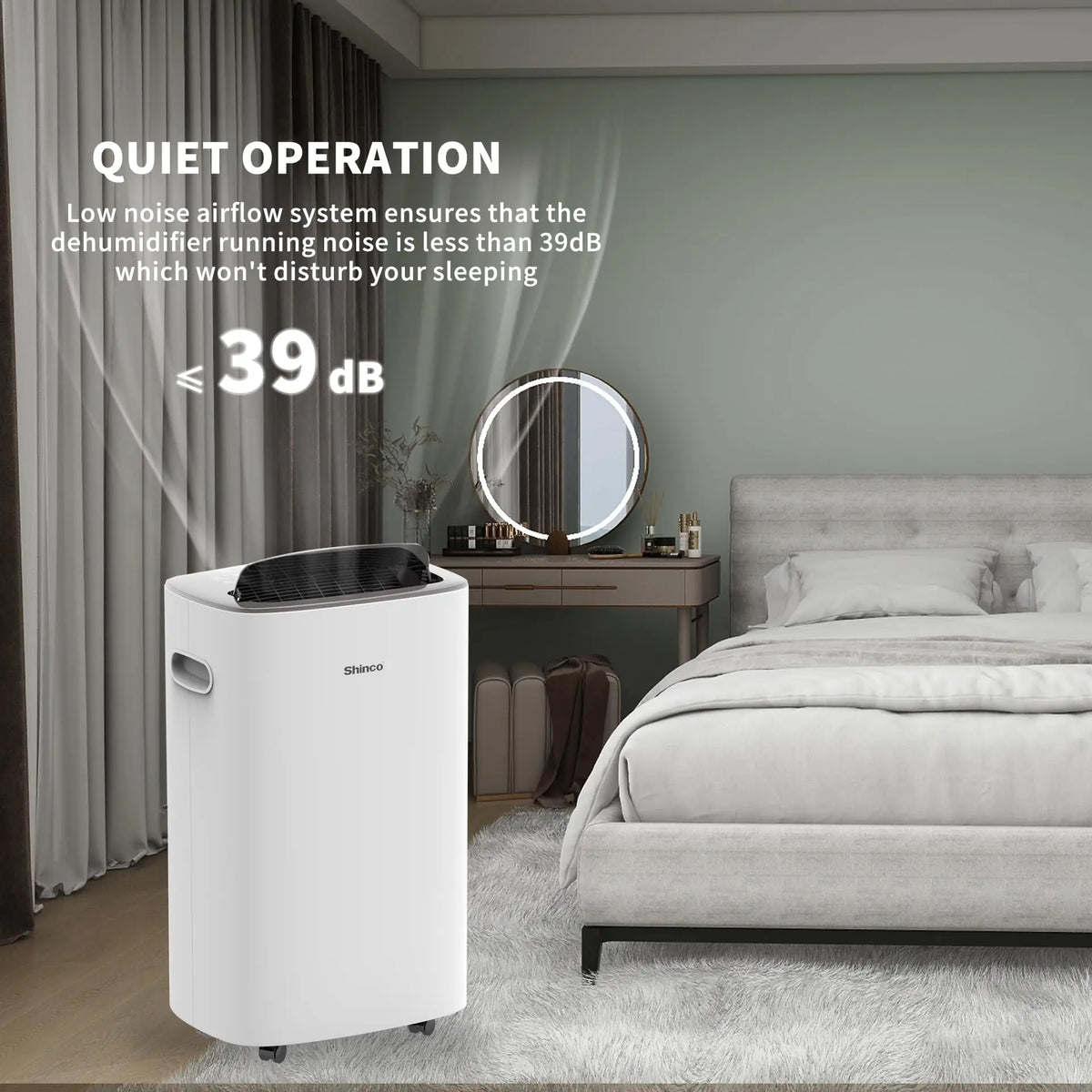 White home dehumidifier in a bedroom setting with quiet operation text overlay