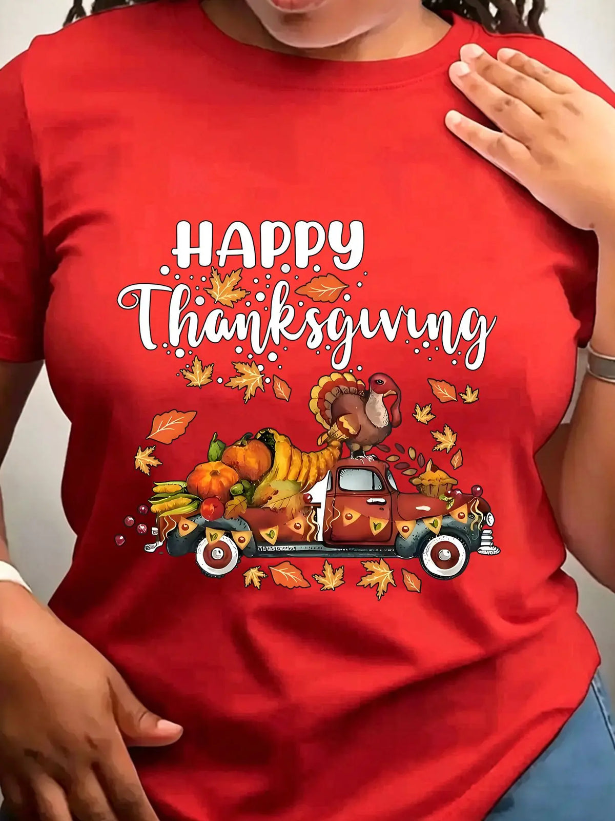 Red crew neck t-shirt with a vintage truck carrying a turkey and autumn harvest illustration