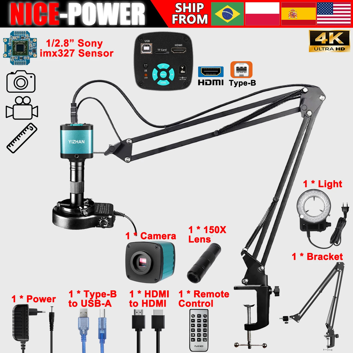 4K Digital Microscope Camera with 130X-180X Zoom C-Mount Lens – 150X Standard