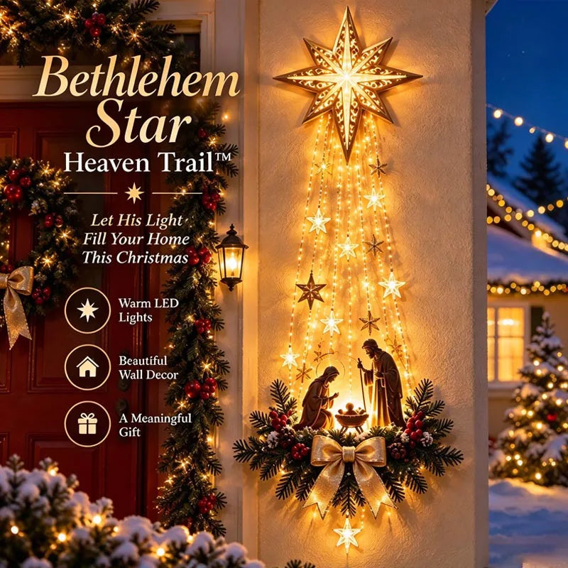 Bethlehem star nativity wall hanging with warm LED lights and festive holiday decor