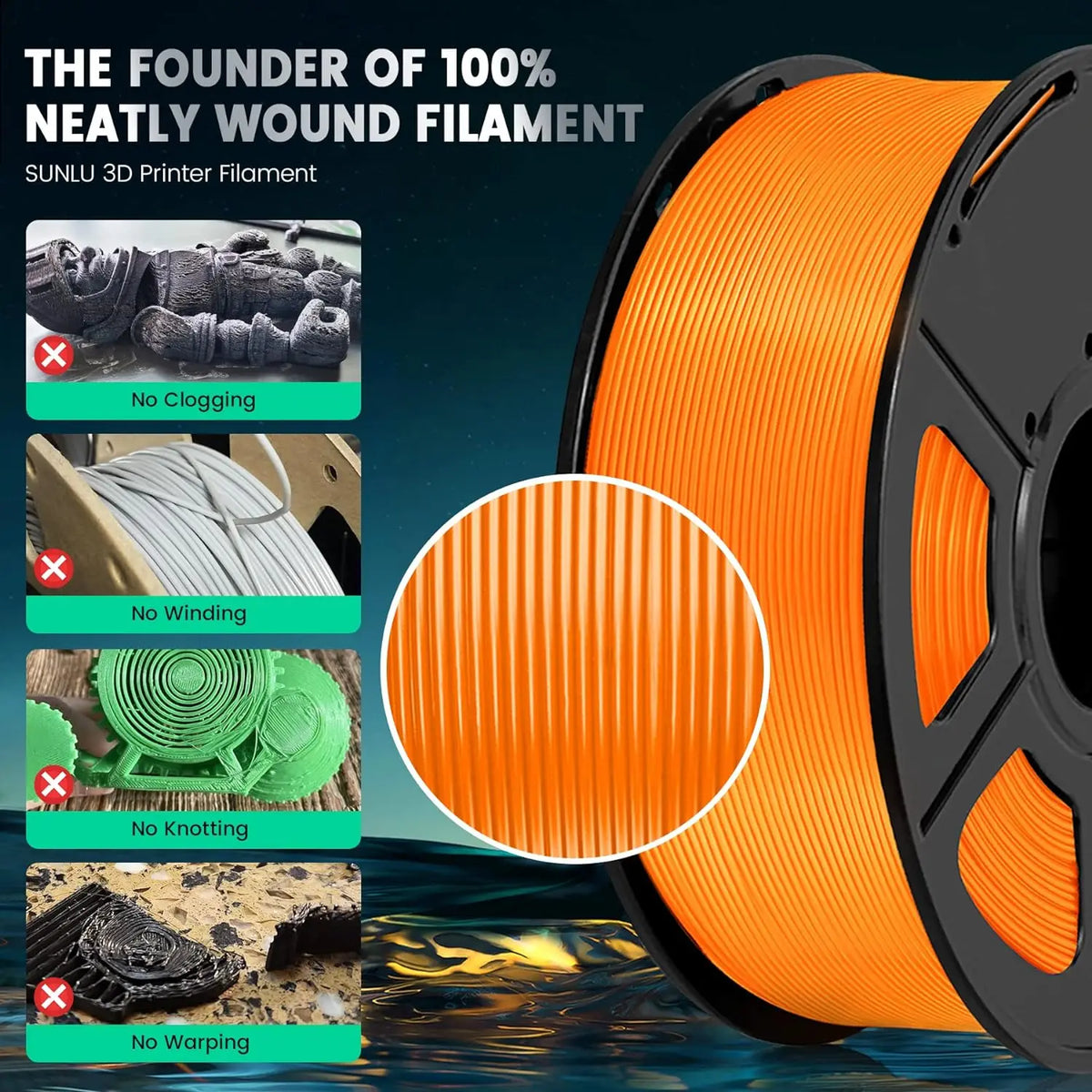Close up of neatly wound orange 3D printer filament and comparison with common printing errors