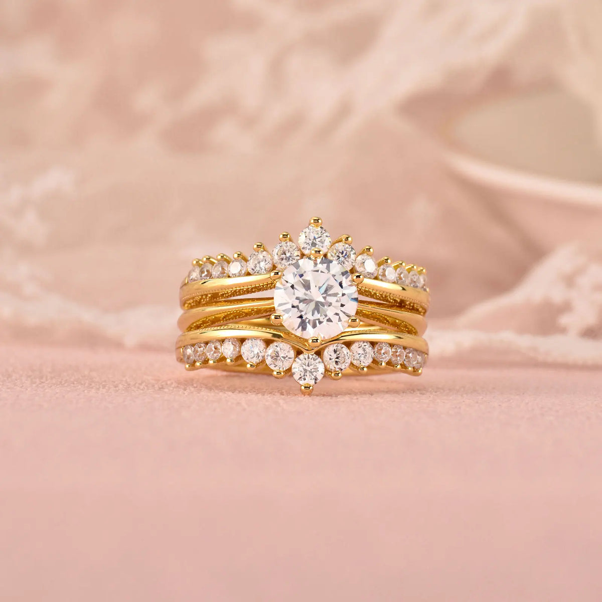 Gold plated sterling silver engagement and wedding band set with round cut cubic zirconia