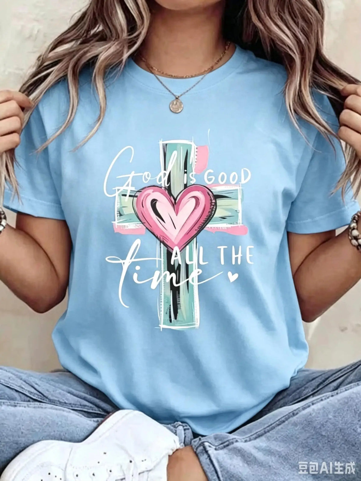 Women's Christian Faith Graphic Crewneck Cotton Tee, S–7XL – Blue