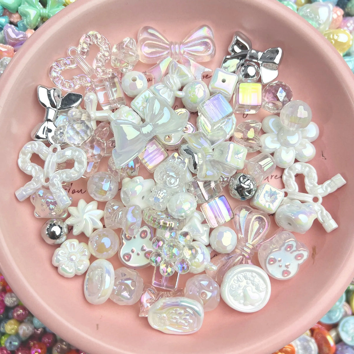 20g Y2K Acrylic Mixed Bowknot, Flower, and Heart Beads for DIY Jewelry – White Silver