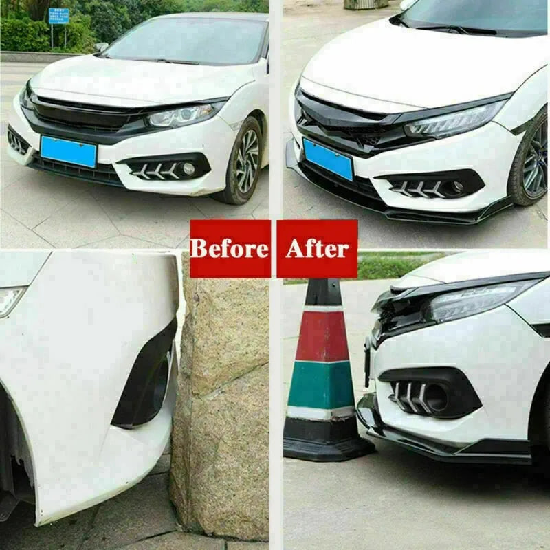 Glossy black universal car bumper splitter before and after installation