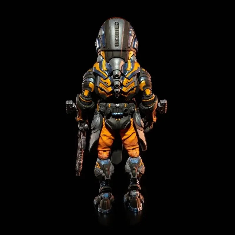 Cosmic Legions space alien action figure with orange pants and helmeted head, rear view